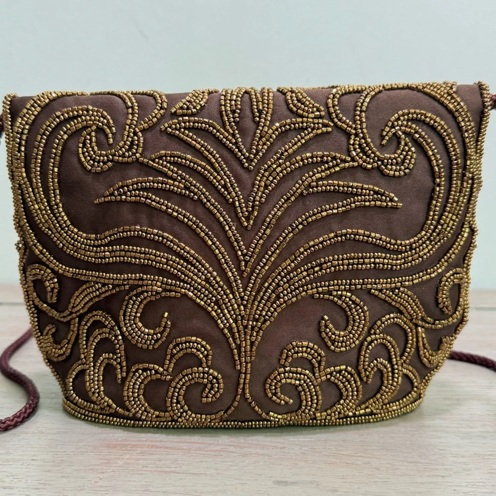 Vintage Walbaeg Beaded Brown Satin Evening Bag Dressy Formal Purse Crossbody‎